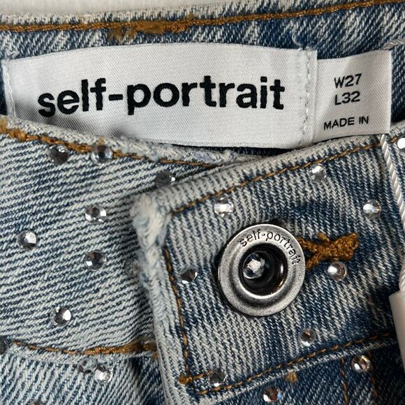 NWT Self-Portrait Blue Rhinestone Wide-Leg Jeans Size 27 - Picture 10 of 16